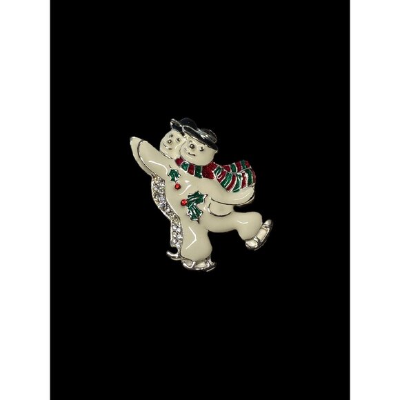 Vintage Christmas Pin Brooch Snowman‎ Ice  Skating Two Snowmen Winter Holiday - Picture 2 of 6